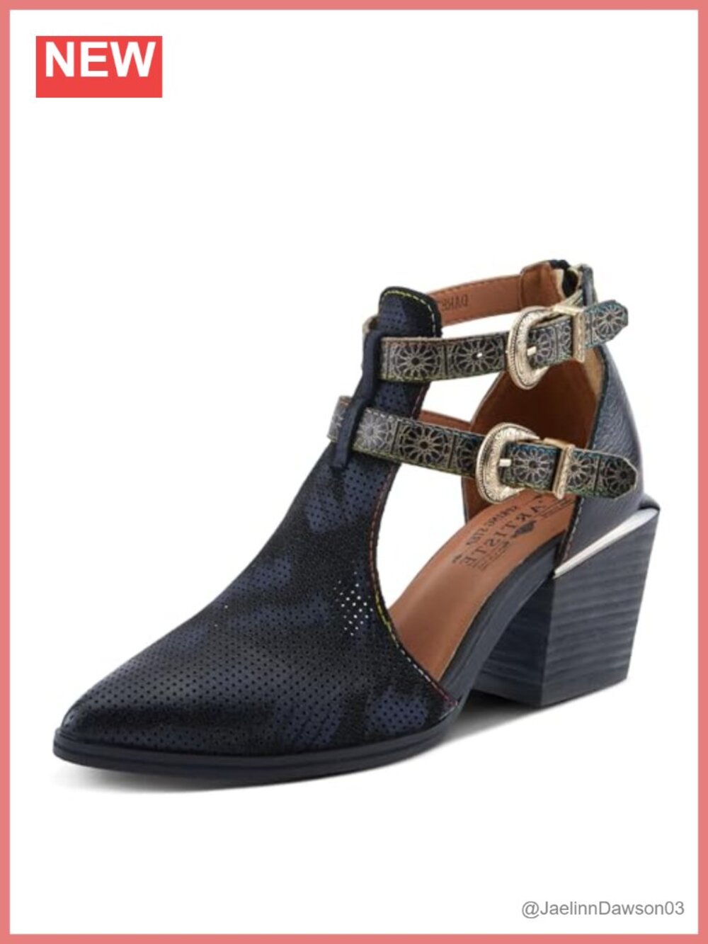 Leather Shootie Bootie Wooden Stacked Heel Pointed Toe Padded Insole Buckle
